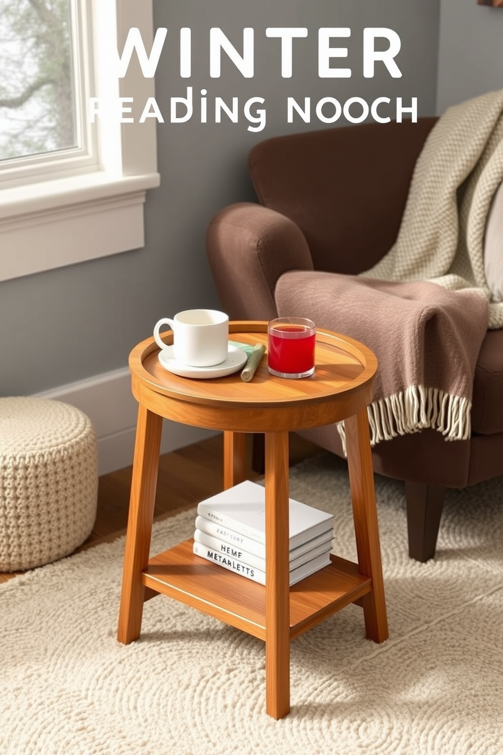 A cozy winter reading nook featuring a small side table designed for snacks and drinks. The side table is made of warm wood and has a soft, textured finish, complementing a plush armchair draped with a knitted blanket.