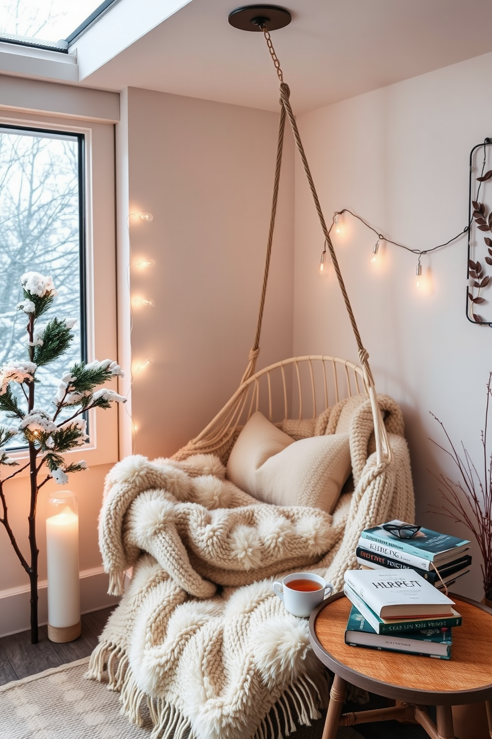 A cozy winter reading nook features a hanging hammock chair suspended from the ceiling, inviting relaxation and comfort. Soft, warm blankets are draped over the chair, and a small side table holds a steaming cup of tea and a stack of favorite books.