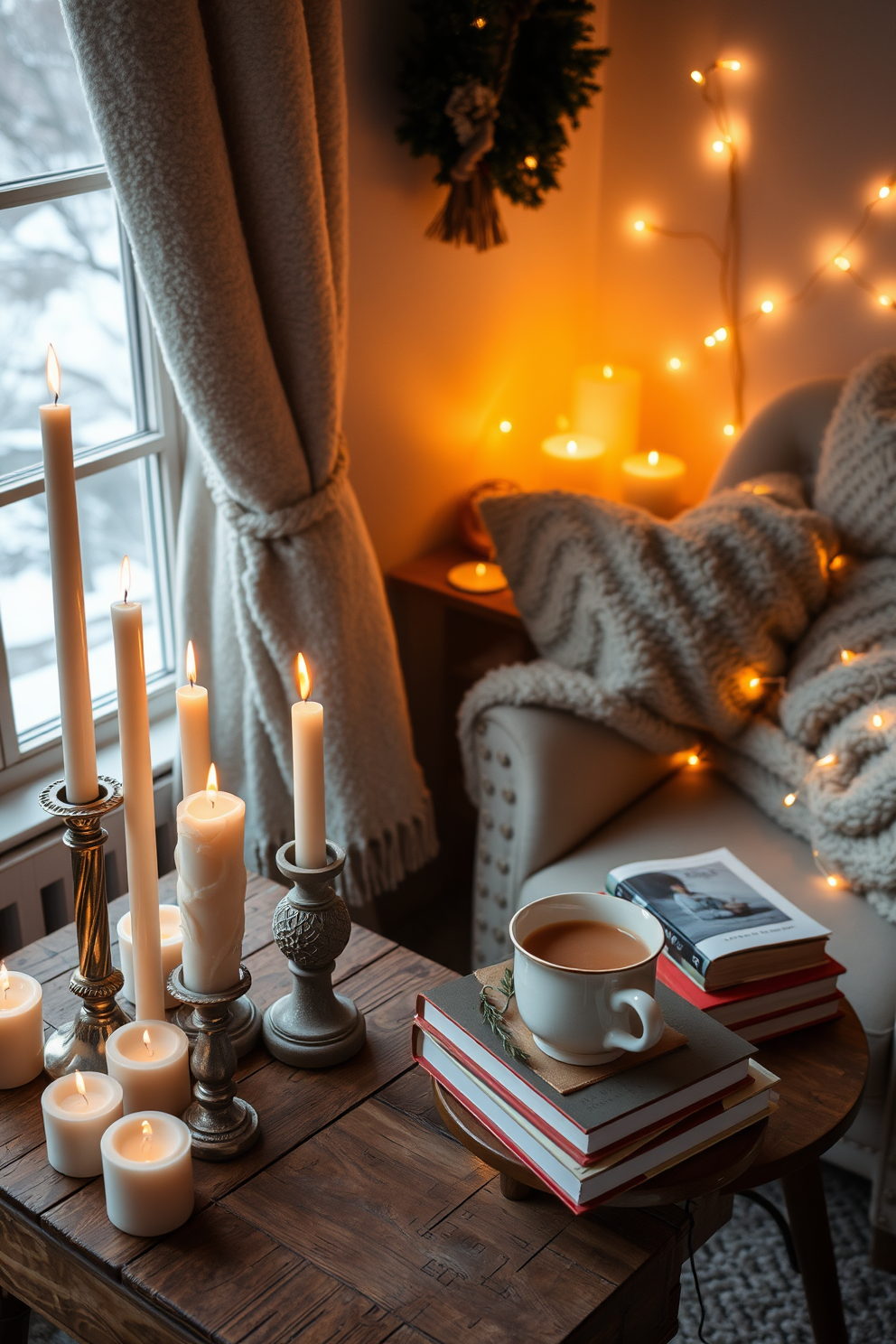 A collection of decorative candles in varying heights and shapes is arranged on a rustic wooden table. The warm glow from the candles creates an inviting ambiance, perfect for a cozy evening. In a winter reading nook, plush blankets and oversized cushions are layered on a comfortable armchair. A small side table holds a steaming mug of tea and a stack of favorite books, surrounded by soft fairy lights for a magical touch.