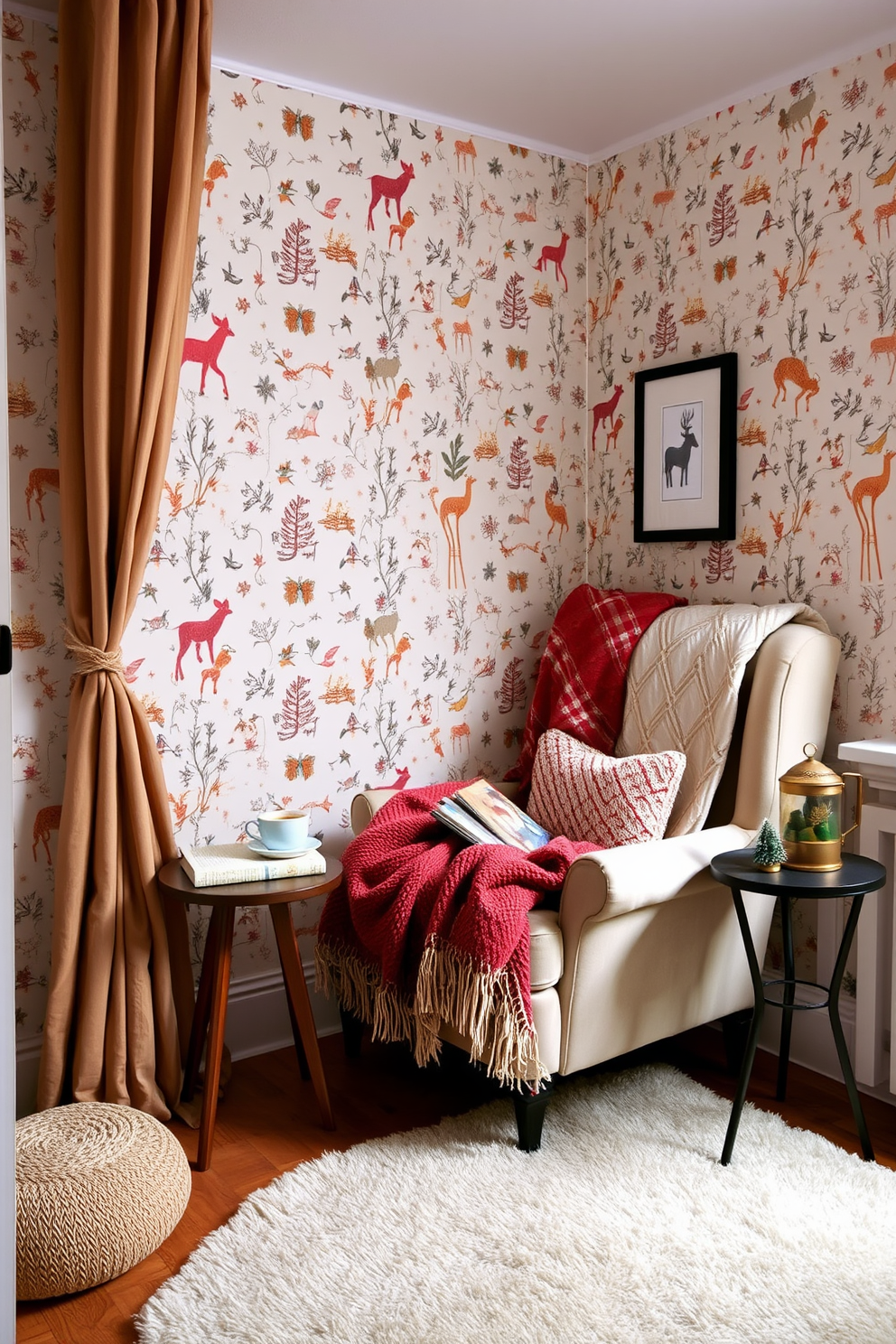 A cozy winter reading nook adorned with whimsical wallpaper featuring playful patterns. The nook includes a plush armchair draped with a soft throw blanket and a small side table holding a steaming cup of tea.