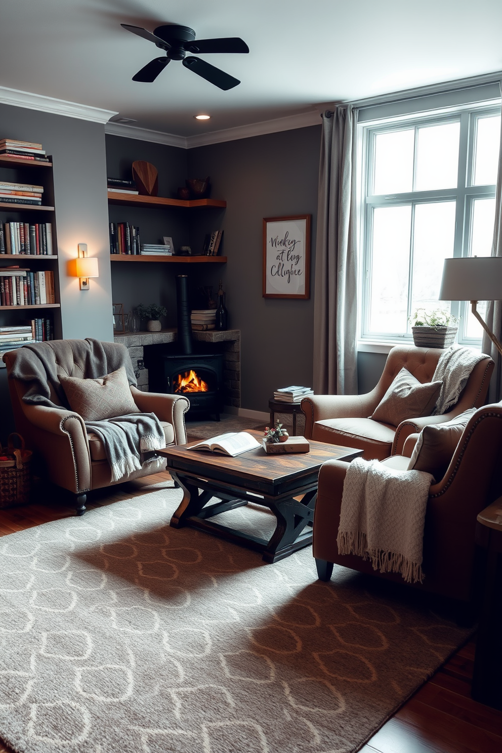 A cozy winter reading nook features a small fireplace nestled in the corner, providing warmth and ambiance. Plush armchairs with soft blankets are positioned around a rustic wooden coffee table, creating an inviting space for relaxation. The walls are adorned with shelves filled with books and decorative items, while a large window allows natural light to flood the room. A patterned area rug adds texture and comfort underfoot, completing the serene atmosphere.