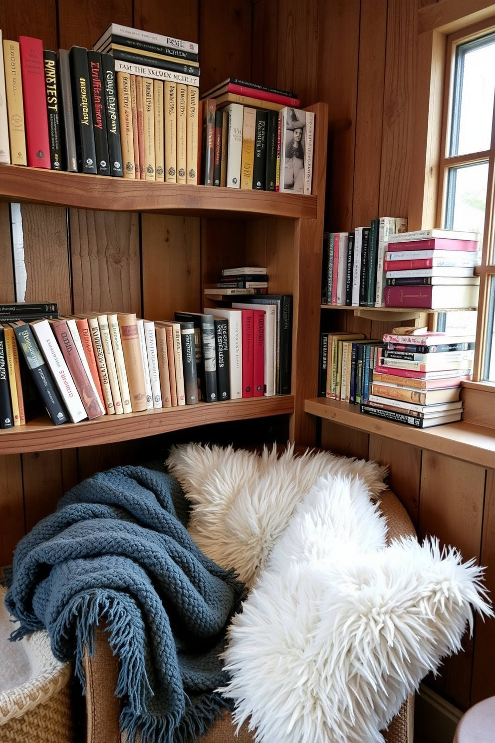 A cozy winter reading nook features rustic wooden shelves filled with an array of books, creating an inviting atmosphere. Soft blankets and plush cushions are arranged in a comfortable chair, inviting you to curl up with a good read.