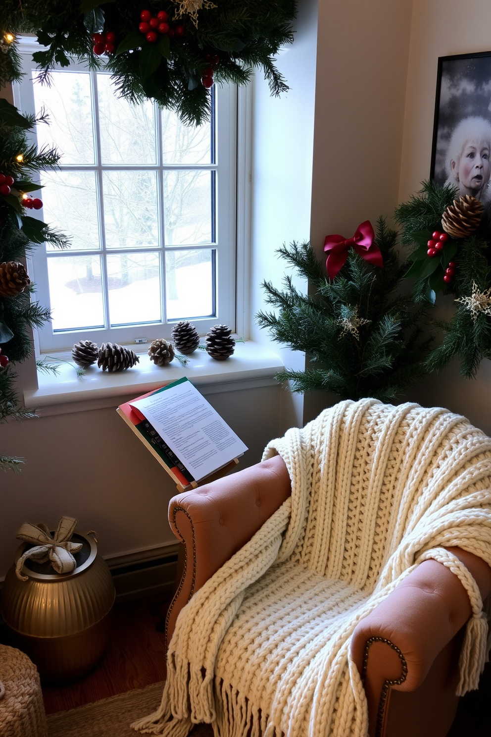 A cozy winter reading nook adorned with seasonal decor featuring pinecones and holly. A plush armchair is positioned near a window, draped with a soft knitted blanket, creating an inviting atmosphere for curling up with a good book.