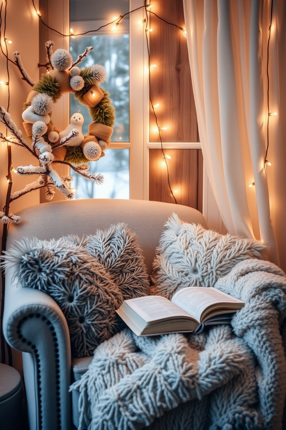 A cozy winter reading nook adorned with soft fairy lights creates a warm and inviting atmosphere. Plush cushions and a thick throw blanket are arranged on a comfortable armchair, inviting you to settle in with a good book.