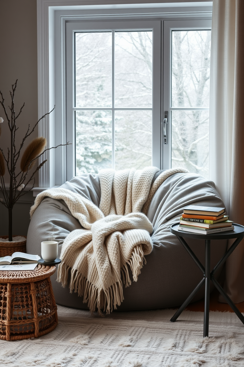 A cozy winter reading nook featuring a large comfy bean bag positioned in front of a window. Soft, warm blankets are draped over the bean bag, and a small side table holds a steaming cup of tea and a stack of books.