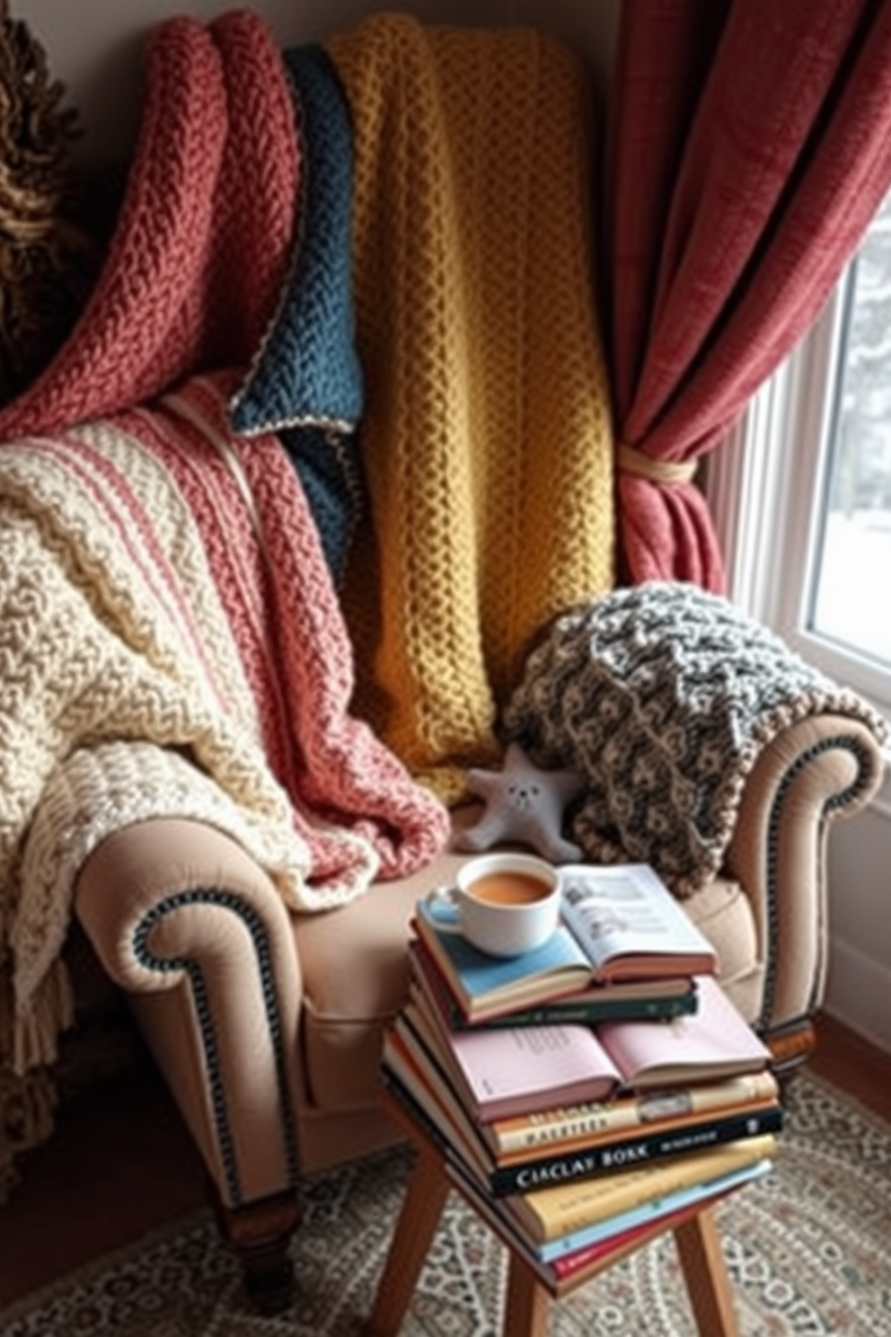 A cozy winter reading nook adorned with colorful knitted blankets draped over a plush armchair. A small side table holds a steaming cup of tea and a stack of well-loved books, inviting relaxation and comfort.