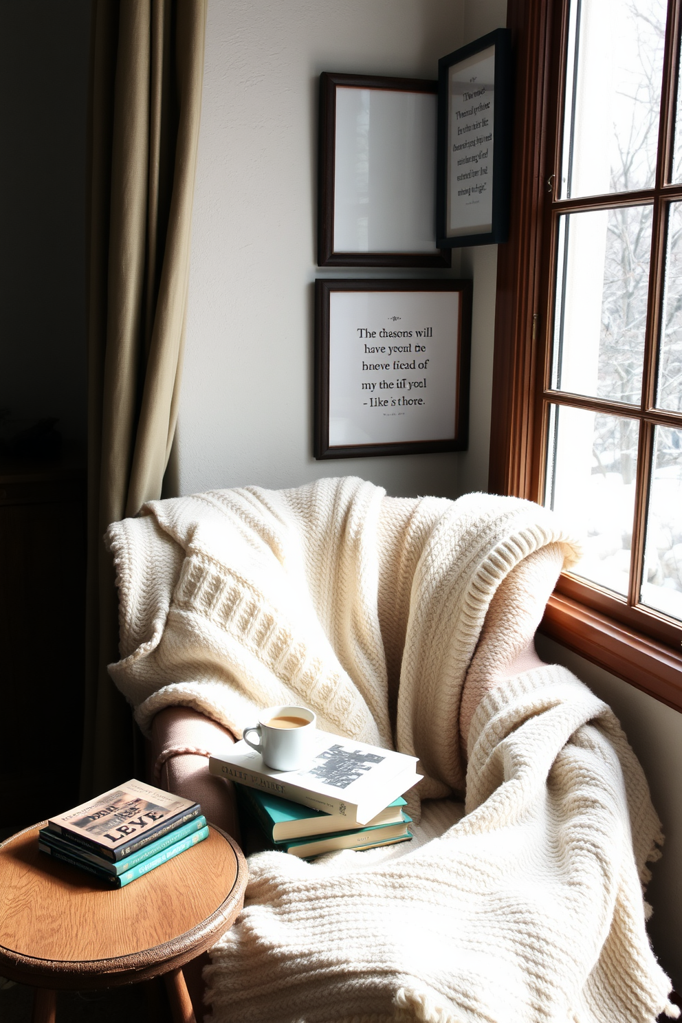 A cozy winter reading nook filled with natural light. A comfortable armchair is positioned next to a large window, draped with soft, warm blankets. On a small side table, a stack of books is topped with a steaming cup of tea. Framed quotes from favorite authors adorn the walls, adding inspiration to the serene atmosphere.