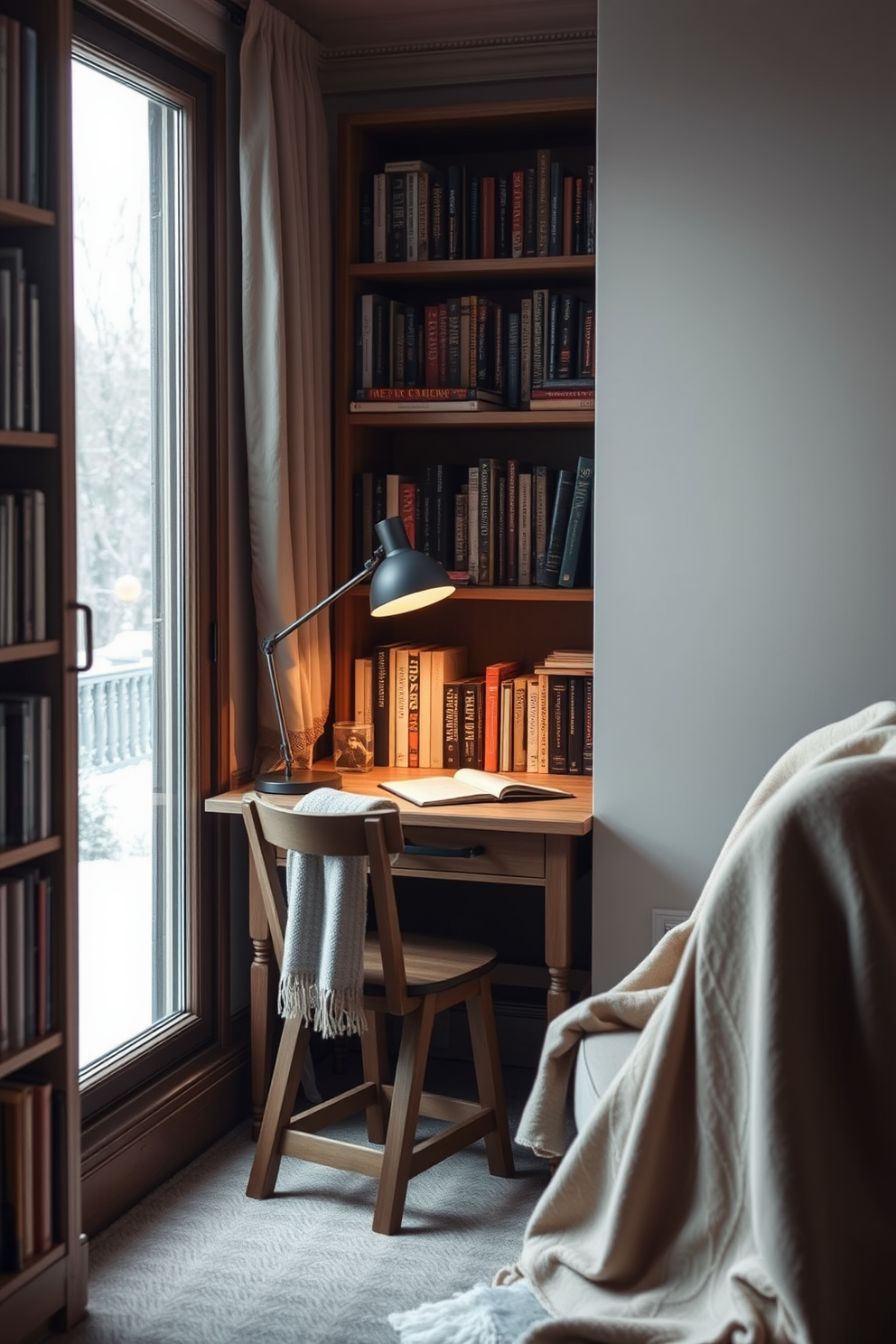 A cozy winter reading nook features a small wooden desk positioned by a window. The desk is adorned with a soft throw blanket and a stylish lamp, creating an inviting atmosphere for writing notes. Surrounding the nook are shelves filled with books and a comfortable armchair draped in a warm fabric. Soft lighting enhances the serene ambiance, making it the perfect spot for quiet reflection and creativity.