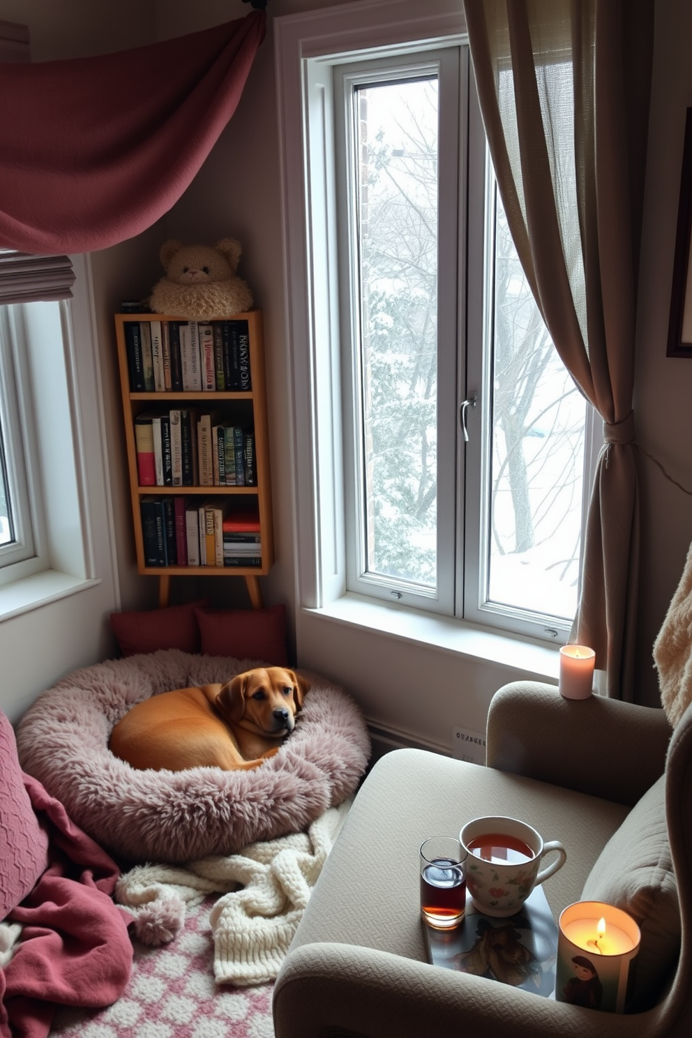 A cozy nook filled with soft textures and warm colors. A plush pet bed rests in the corner, surrounded by a collection of cozy blankets and cushions. Natural light streams in through a nearby window, illuminating a small bookshelf filled with winter-themed novels. A comfortable chair is positioned next to a side table adorned with a steaming cup of tea and a flickering candle.