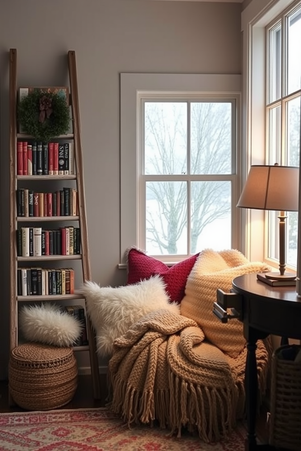 A cozy winter reading nook featuring a vintage ladder repurposed for book storage. The nook is adorned with plush cushions and a warm throw, creating an inviting atmosphere for curling up with a good book.