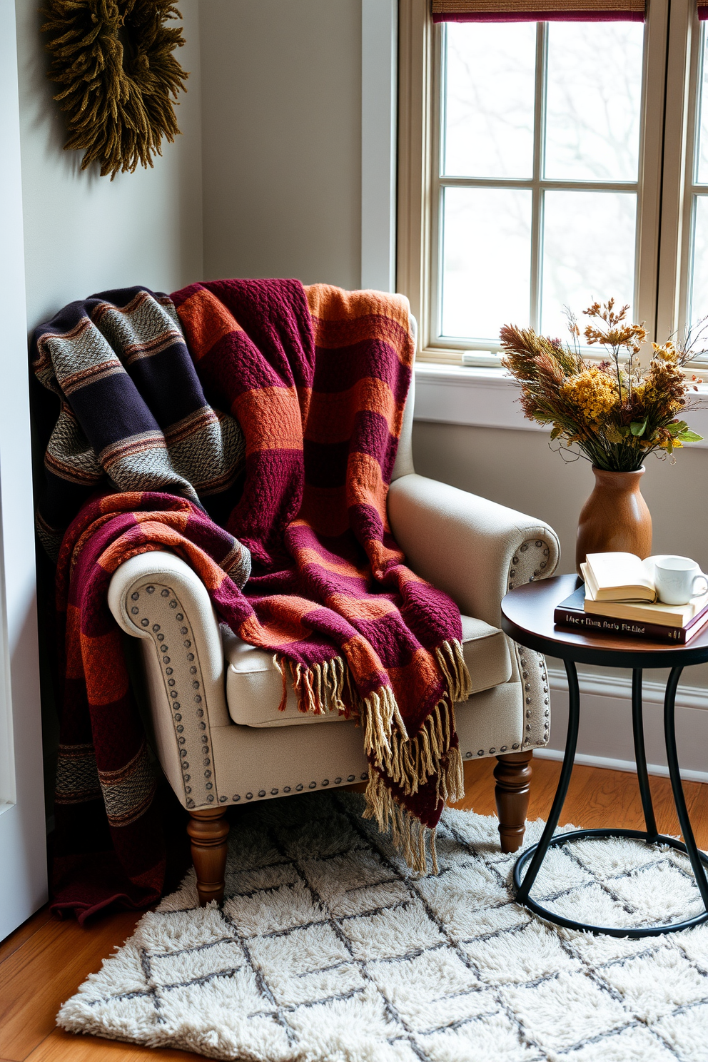 A cozy winter reading nook featuring a plush armchair draped with seasonal throw blankets in rich, warm colors. A small side table holds a steaming mug of tea and a stack of favorite books, while a soft rug underfoot adds comfort and warmth.