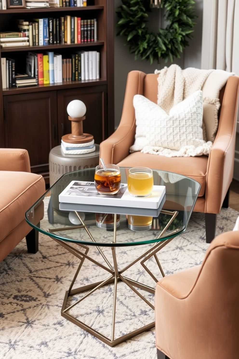 A stylish coffee table for drinks. The table features a sleek glass top supported by a geometric metal base, surrounded by plush upholstered chairs in a warm neutral tone. Winter Reading Nook Decorating Ideas. The nook includes a cozy armchair with a soft throw blanket, a small side table for holding hot beverages, and a bookshelf filled with seasonal reads.