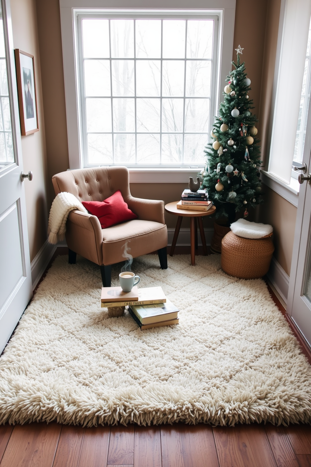 A cozy winter reading nook featuring a plush area rug that adds warmth and comfort underfoot. The nook is adorned with a comfortable armchair and a small side table, perfect for holding a steaming cup of tea and a stack of books.