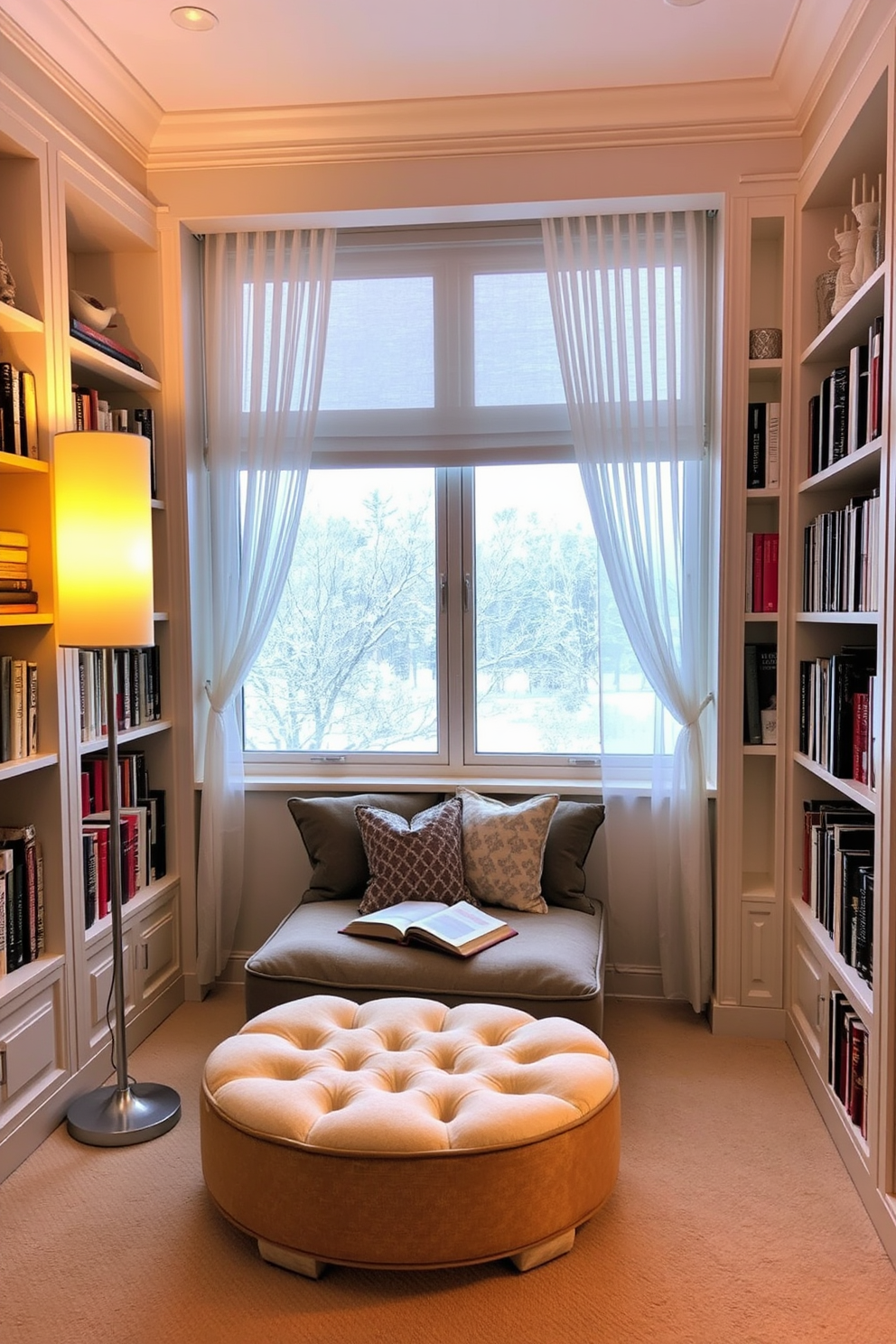 A cozy reading corner featuring a plush ottoman in a soft, inviting fabric. The space is illuminated by a tall floor lamp with a warm glow, creating a perfect ambiance for curling up with a good book. Surrounding the ottoman are built-in bookshelves filled with a variety of novels and decorative items. A large window draped with sheer curtains offers a view of the winter landscape, enhancing the serene atmosphere of the nook.