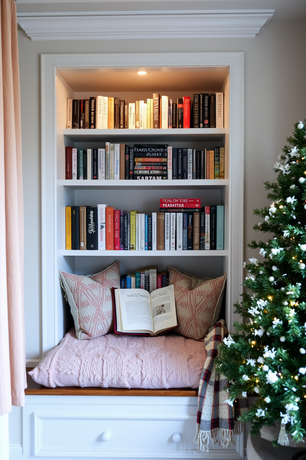 A cozy winter reading nook featuring a built-in bookshelf filled with favorite titles. The nook is adorned with plush cushions and a soft throw blanket, creating an inviting atmosphere for leisurely reading.