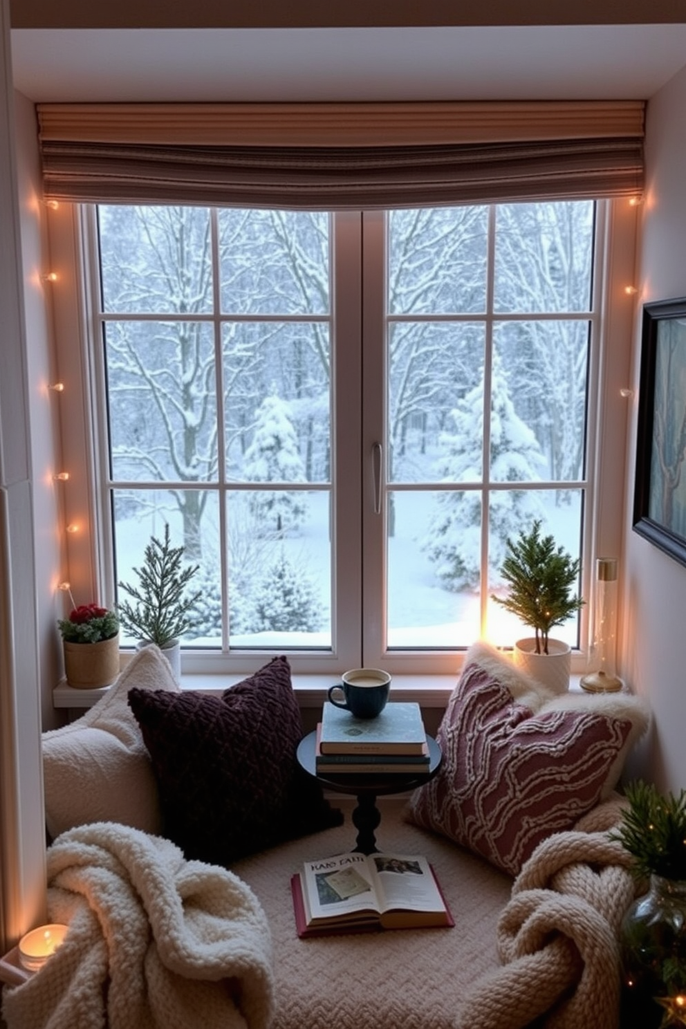 A cozy window seat with plush cushions overlooks a serene winter landscape filled with snow-covered trees and soft falling snowflakes. The space is adorned with warm blankets and a small side table holding a steaming cup of tea and a stack of favorite books. Surrounding the window seat, soft ambient lighting creates a welcoming atmosphere perfect for curling up with a good read. Decorative elements like a small potted evergreen and seasonal artwork enhance the winter charm of this reading nook.