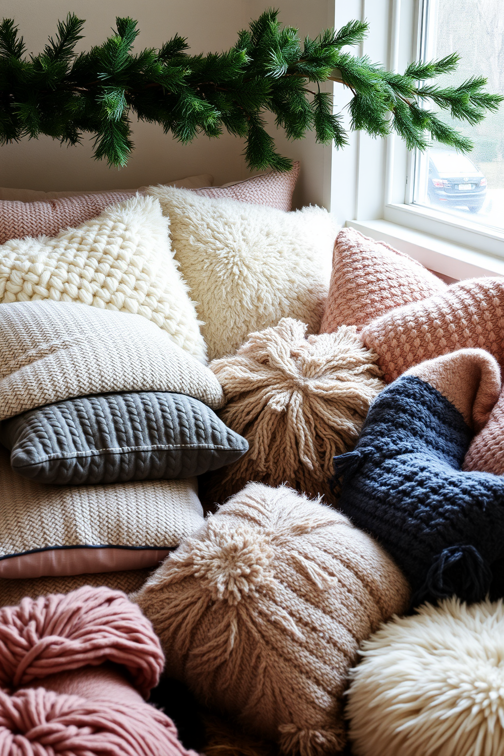 A cozy winter reading nook filled with layered cushions in varied textures. Soft throws and plush pillows create an inviting atmosphere, perfect for curling up with a good book.