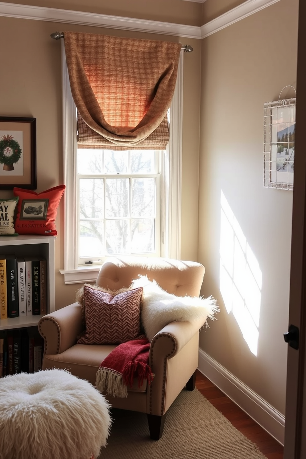 A cozy reading nook adorned with warm throw pillows in seasonal colors creates an inviting atmosphere. A plush armchair is positioned near a window, allowing natural light to flood the space while a small bookshelf filled with winter-themed novels adds charm.