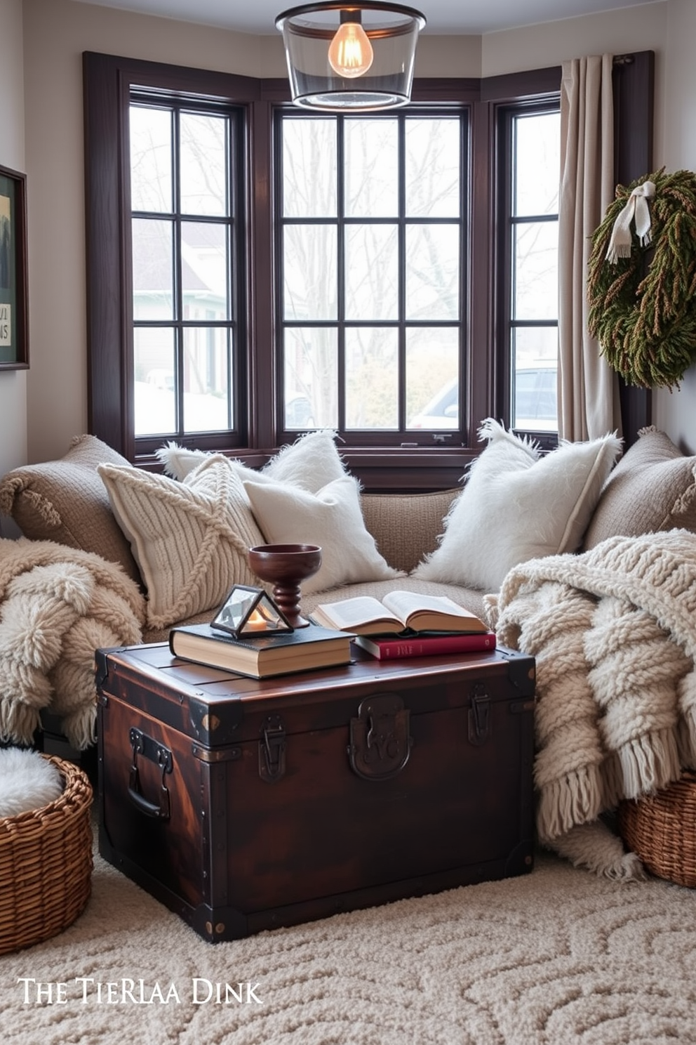 A cozy winter reading nook featuring a vintage trunk as a unique coffee table. The nook is adorned with plush blankets and oversized cushions, creating an inviting atmosphere for relaxation.