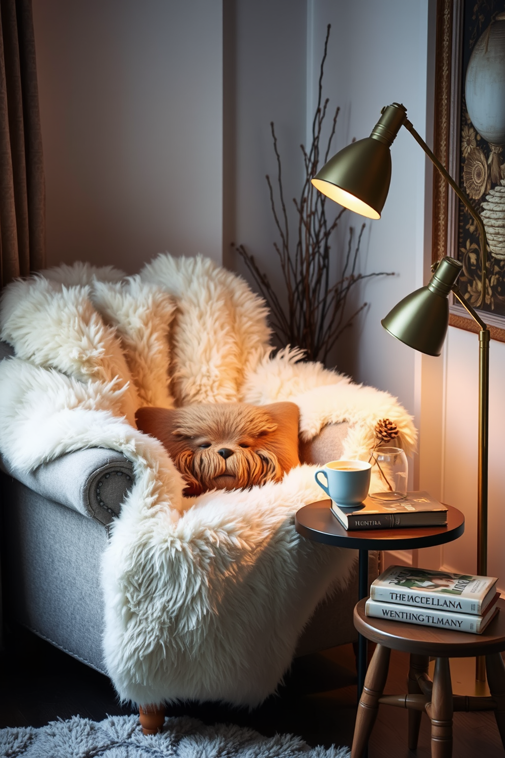 A cozy winter reading nook featuring soft sheepskin throws draped over a plush armchair. The nook is illuminated by a warm floor lamp, with a small side table holding a steaming cup of tea and a stack of books.