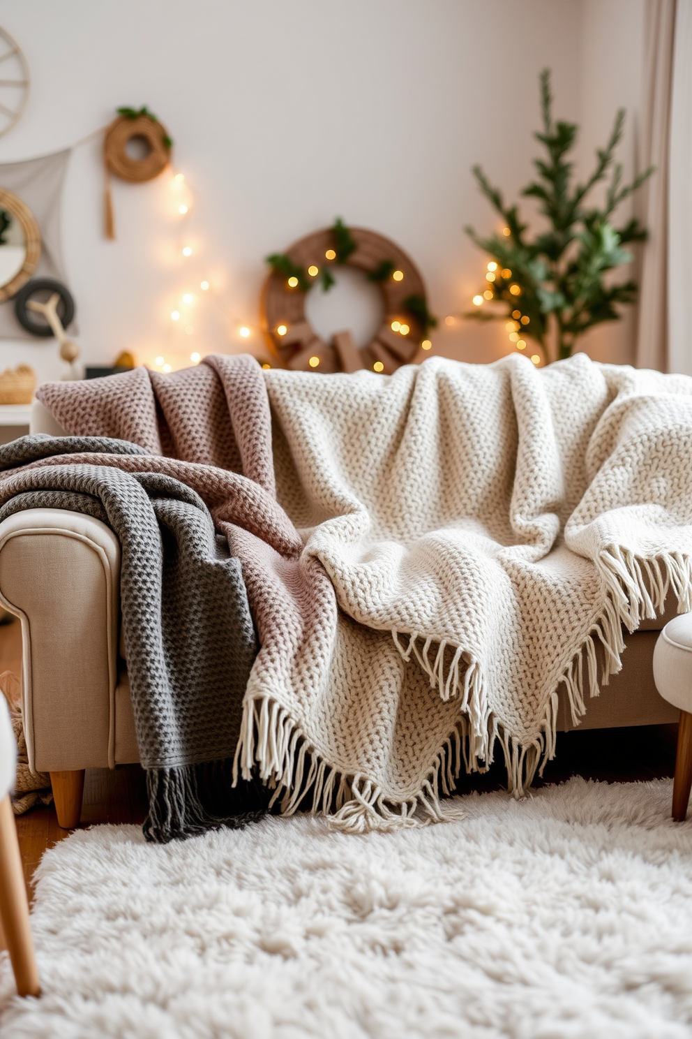 Cozy layered throw blankets are draped over a plush sofa in a small winter living room. The space features warm lighting and a soft area rug, creating an inviting atmosphere perfect for relaxation.