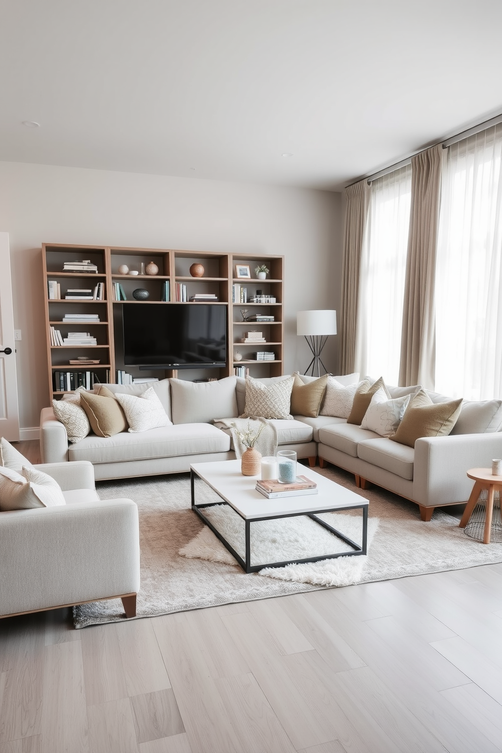 A cozy winter living room with a muted color palette featuring soft grays and warm beige tones. A plush sectional sofa adorned with textured throw pillows faces a minimalist coffee table surrounded by a soft area rug. A tall bookshelf filled with neatly arranged books and decorative items stands against one wall. A large window draped with sheer curtains allows natural light to filter in, enhancing the serene atmosphere.