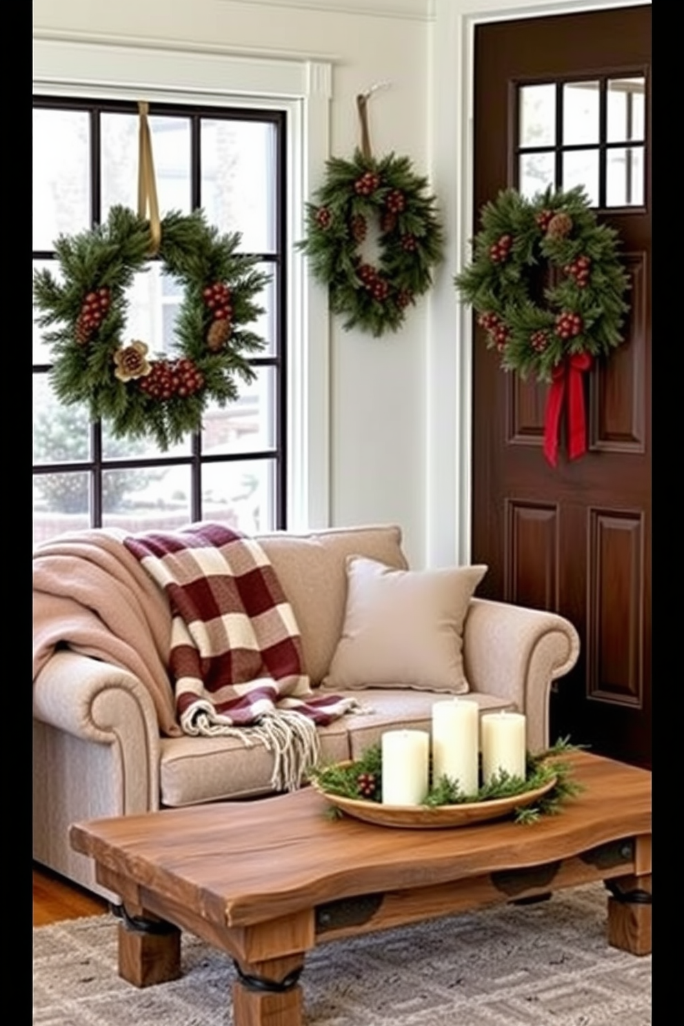 Charming wreaths adorned with pinecones and berries hang gracefully on the windows and doors, adding a festive touch to the winter decor. The small living room features a cozy arrangement with a plush sofa draped in a soft throw, complemented by a rustic coffee table topped with seasonal candles.