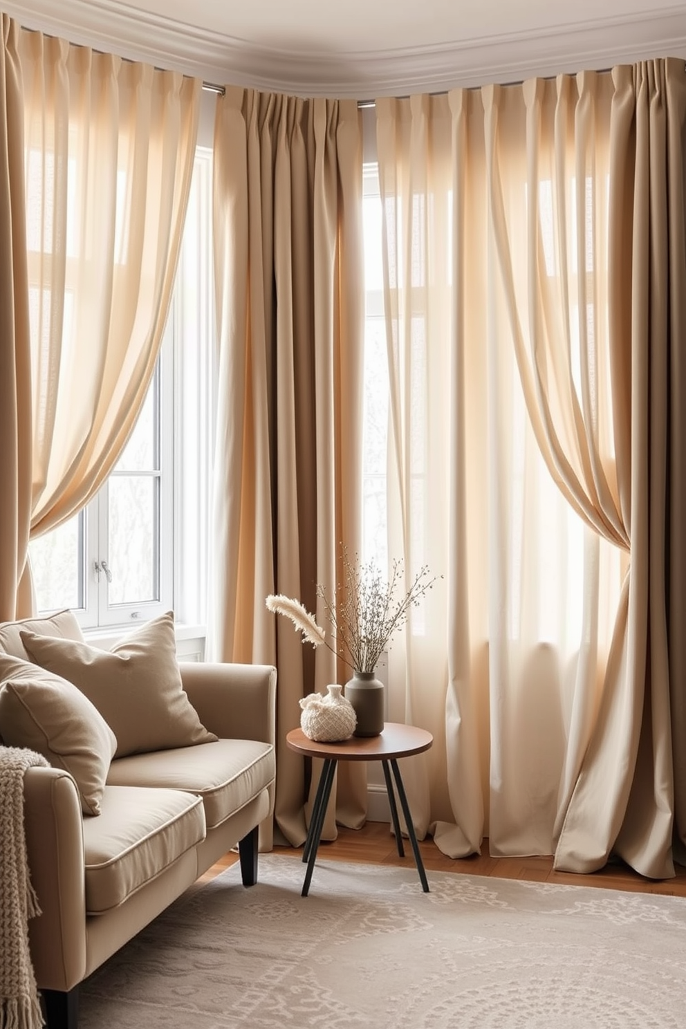 A cozy winter small living room features layered curtains that provide extra insulation against the cold. The curtains are a blend of soft, warm fabrics in neutral tones, elegantly framing a window that lets in soft natural light.