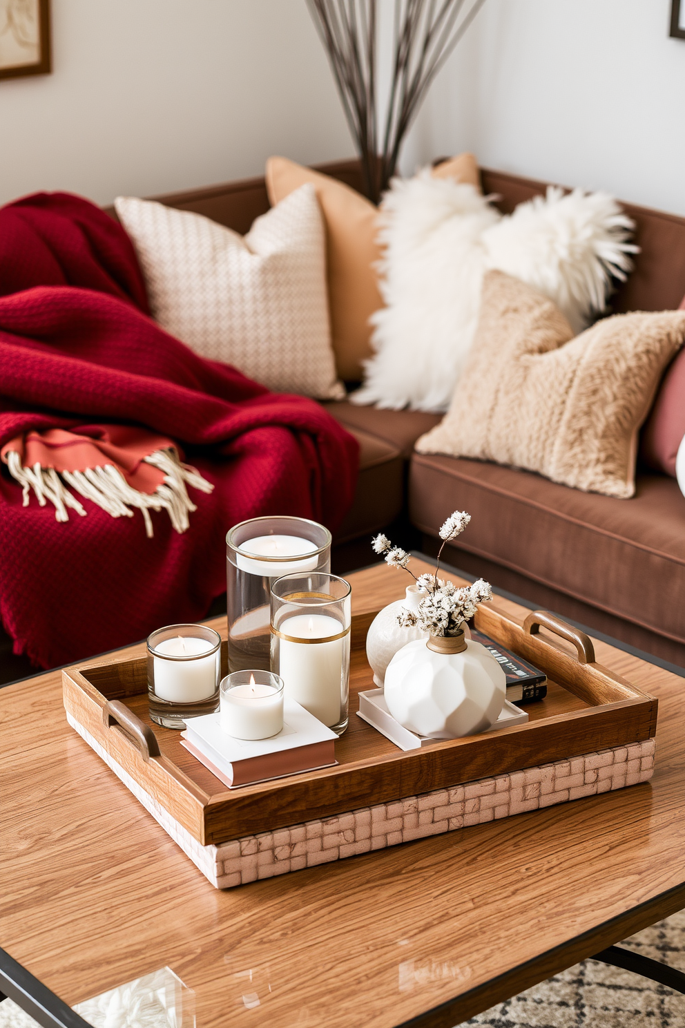 A stylish coffee table adorned with decorative trays in varying sizes and textures. The trays are arranged with carefully curated items such as candles, books, and seasonal decor. In a cozy winter small living room, soft throw blankets and plush pillows create an inviting atmosphere. A warm color palette of deep reds and soft whites enhances the seasonal charm while maintaining a sophisticated look.