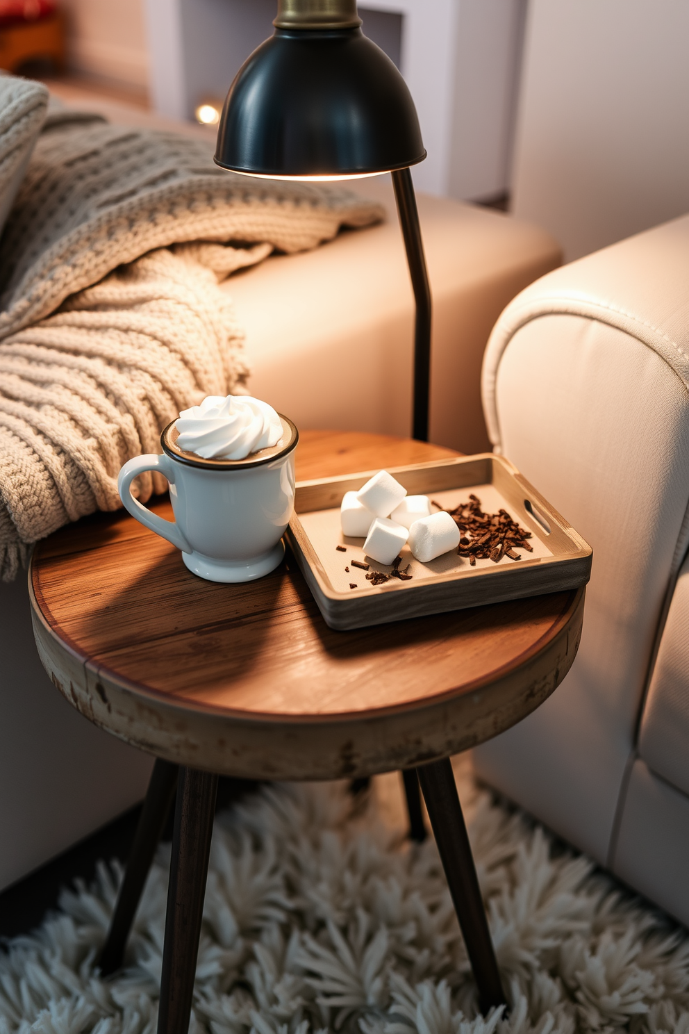 A cozy hot cocoa station is set up on a rustic side table, featuring a charming ceramic mug filled with steaming cocoa topped with whipped cream. Nearby, a small tray holds marshmallows and chocolate shavings, adding a touch of warmth to the winter-themed small living room. The side table is adorned with a knitted throw and a few festive ornaments, creating an inviting atmosphere. Soft ambient lighting from a nearby lamp enhances the cozy feel, while a plush rug underfoot adds comfort to the space.