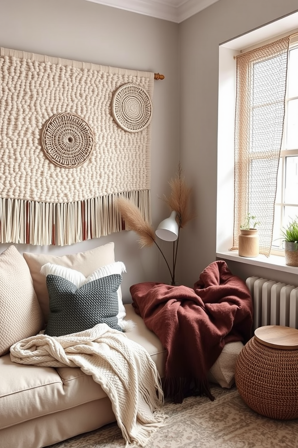 Textured wall hangings create a sense of depth and warmth in a cozy winter small living room. Soft fabrics and layered materials enhance the inviting atmosphere, making the space feel both stylish and comfortable.