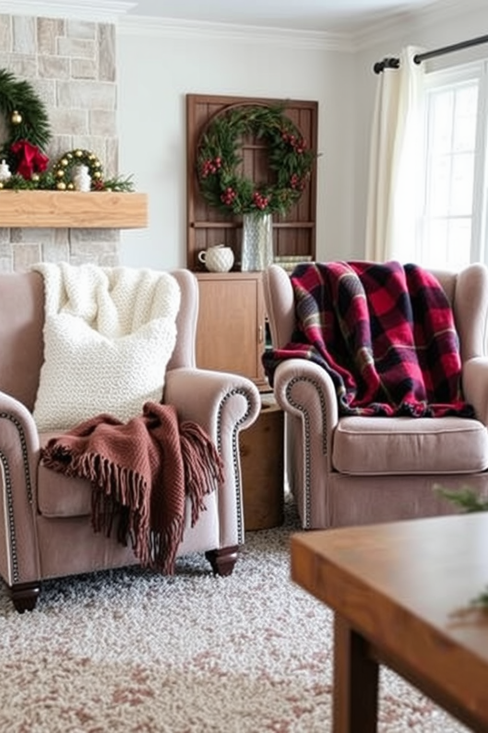 A cozy winter living room features a pair of plush armchairs with seasonal throw blankets draped over each one. The blankets are in soft textures and warm colors, adding a touch of comfort to the inviting space.