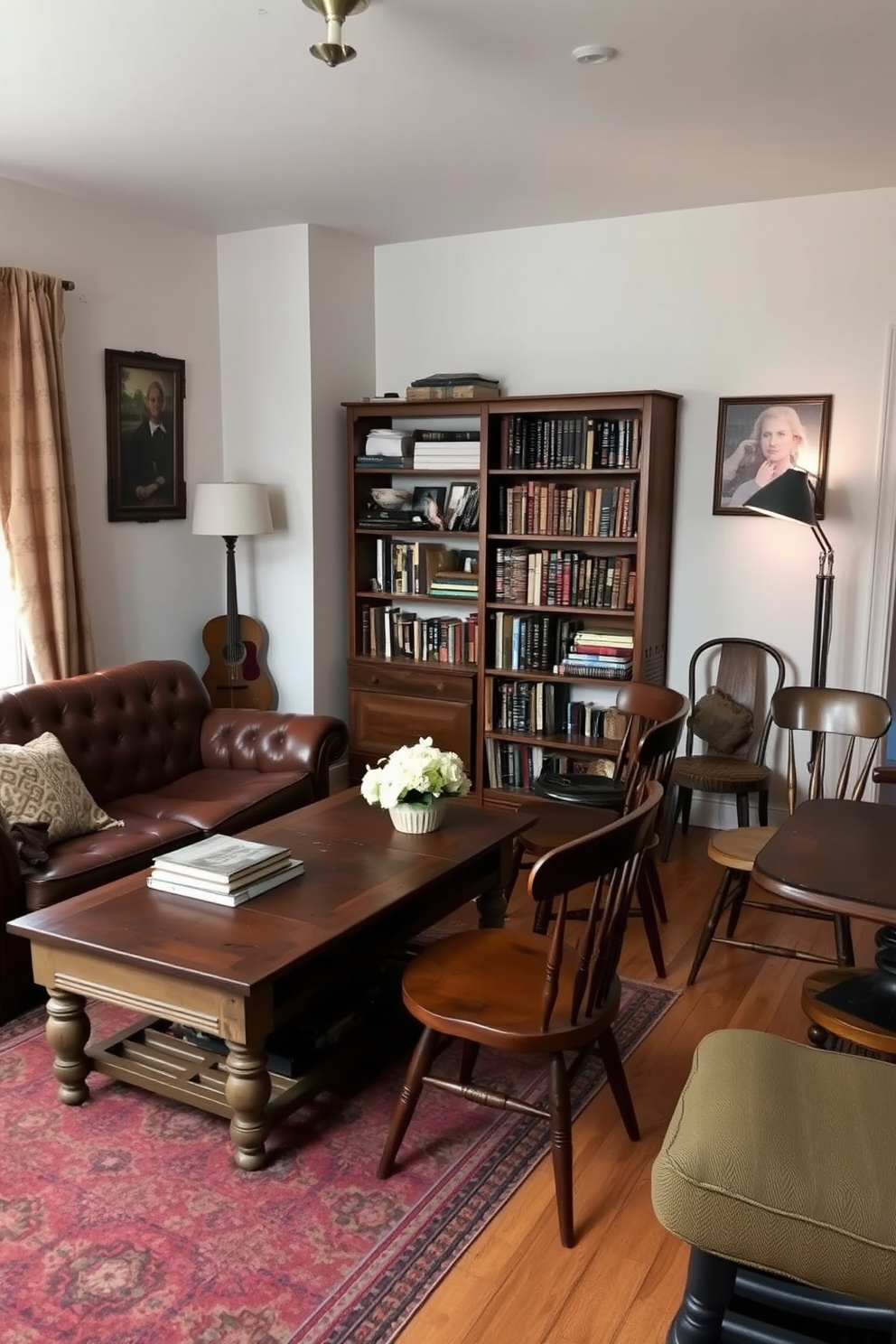 A cozy winter small living room filled with vintage finds that add unique character. A distressed leather sofa is paired with an antique coffee table, and a patterned area rug warms the hardwood floor. A collection of mismatched chairs surrounds the table, each with its own history and charm. A vintage bookshelf filled with well-loved books stands against the wall, complemented by soft, ambient lighting from a retro-style floor lamp.