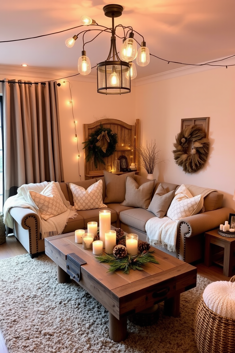 A cozy winter small living room filled with warm-toned lighting fixtures that create an inviting atmosphere. Soft throw blankets are draped over a plush sofa, and a rustic coffee table sits at the center, adorned with seasonal decor and candles.