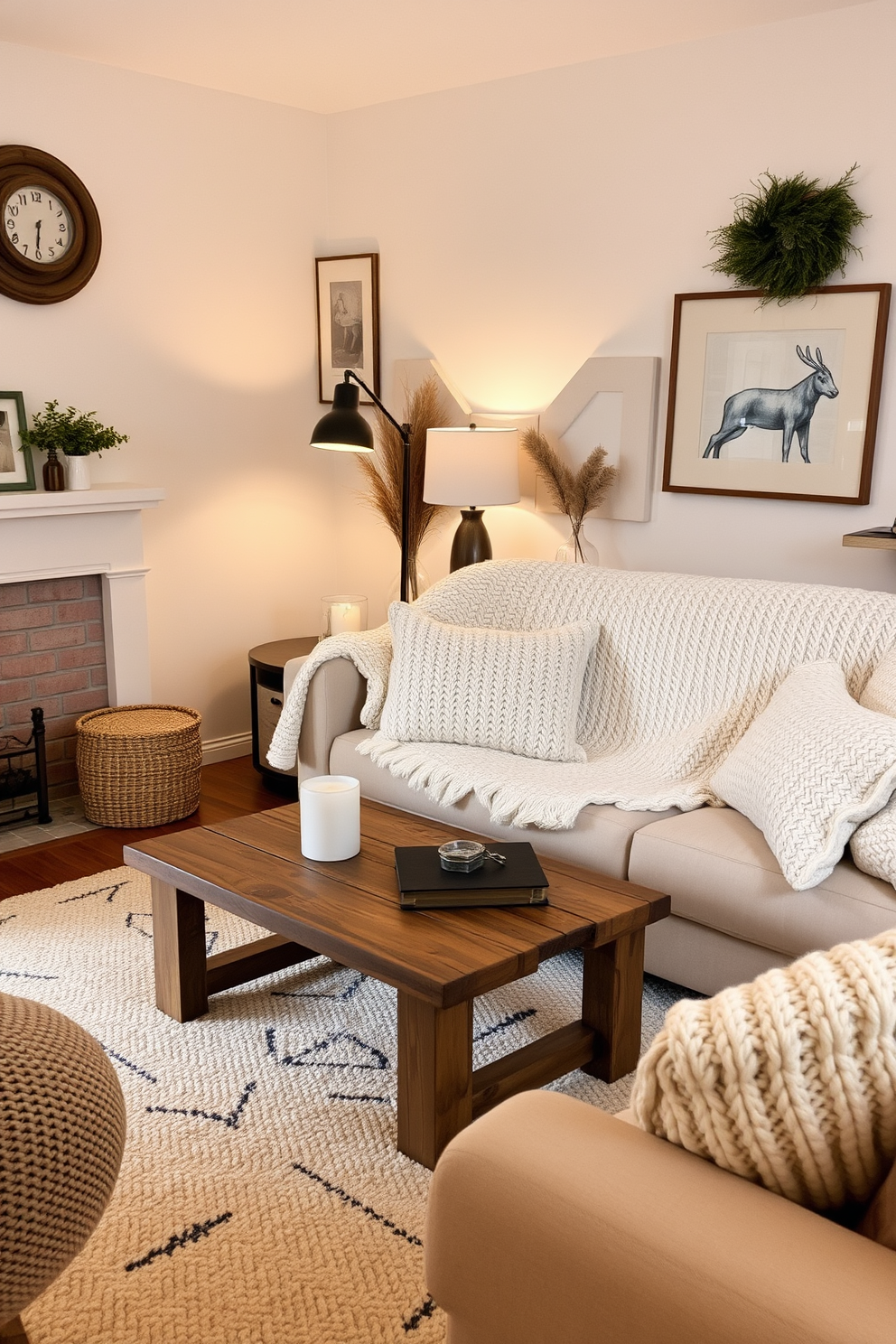 A cozy winter living room adorned with warm knitted pillows in various shades of cream and beige. The space features a soft, textured throw blanket draped over a plush sofa, creating an inviting atmosphere. A rustic wooden coffee table sits in the center, surrounded by a mix of modern and vintage decor elements. Soft ambient lighting from a stylish floor lamp enhances the warmth of the room, making it perfect for relaxation during the chilly season.