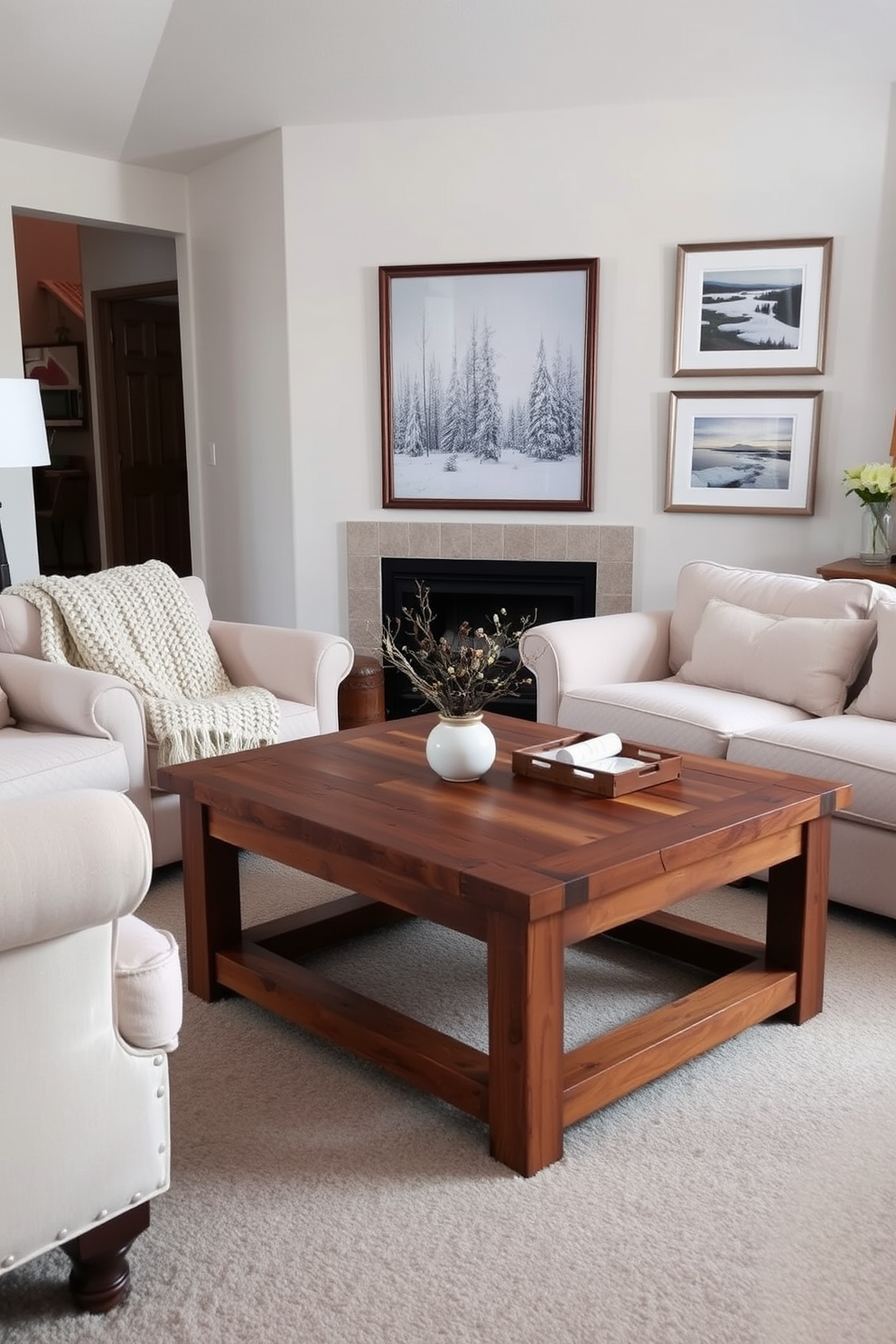 A wooden coffee table with a rustic finish sits at the center of a cozy winter living room. Surrounding the table are plush, oversized armchairs in soft, neutral tones, complemented by a warm, knitted throw draped over one of the chairs. The walls are adorned with framed winter landscape art, adding a serene touch to the space. A soft area rug with a subtle pattern anchors the seating arrangement, creating an inviting atmosphere perfect for relaxation.