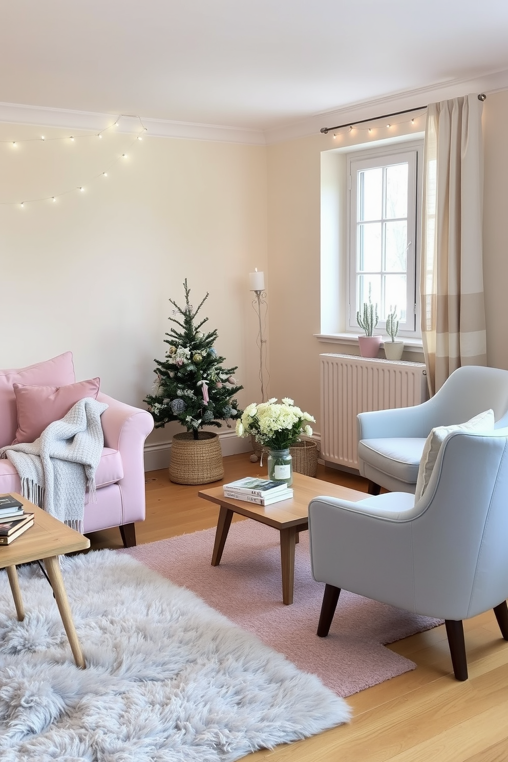 A cozy winter living room adorned with soft pastel accents. The walls are painted in a light cream color, complemented by a plush pastel pink sofa and a matching throw blanket draped over the armrest. A delicate pastel blue armchair sits beside a wooden coffee table, which features a small stack of art books and a scented candle. A fluffy area rug in muted tones adds warmth to the space, while twinkling fairy lights are strung along the window for a soft glow.