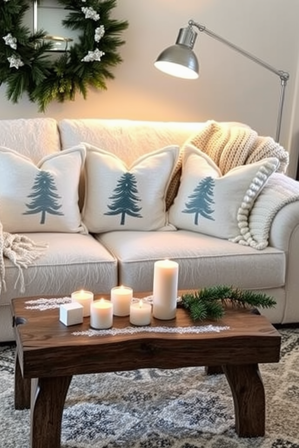 A cozy winter-themed living room features a plush sofa adorned with decorative pillows showcasing snowflakes and pine trees. The soft color palette includes shades of white and light blue, complemented by a warm knitted throw draped over the armrest. A rustic coffee table sits in front of the sofa, topped with a few candles and a small evergreen arrangement. The room is illuminated by a soft glow from a nearby floor lamp, enhancing the inviting atmosphere.