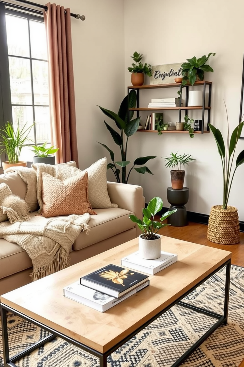 A cozy winter small living room adorned with faux plants that bring a touch of greenery without the upkeep. The space features a plush sofa draped with a soft throw blanket, complemented by a stylish coffee table topped with decorative books and a small faux plant.