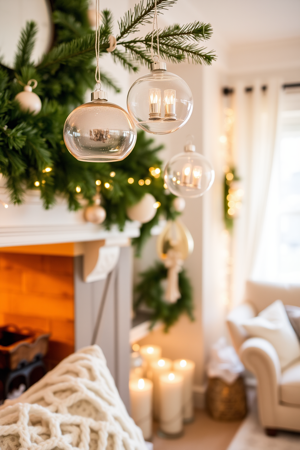 A cozy winter small living room is adorned with elegant glass ornaments that catch the light beautifully. The decorations hang gracefully from a lush green garland draped over the mantel, creating a warm and inviting atmosphere.