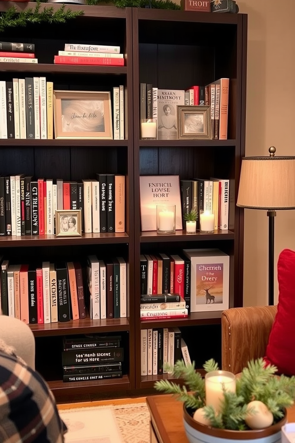 A cozy small living room features stylish bookshelves filled with seasonal reads for winter. The shelves are made of dark wood and are adorned with decorative items like candles and small plants, creating a warm and inviting atmosphere.