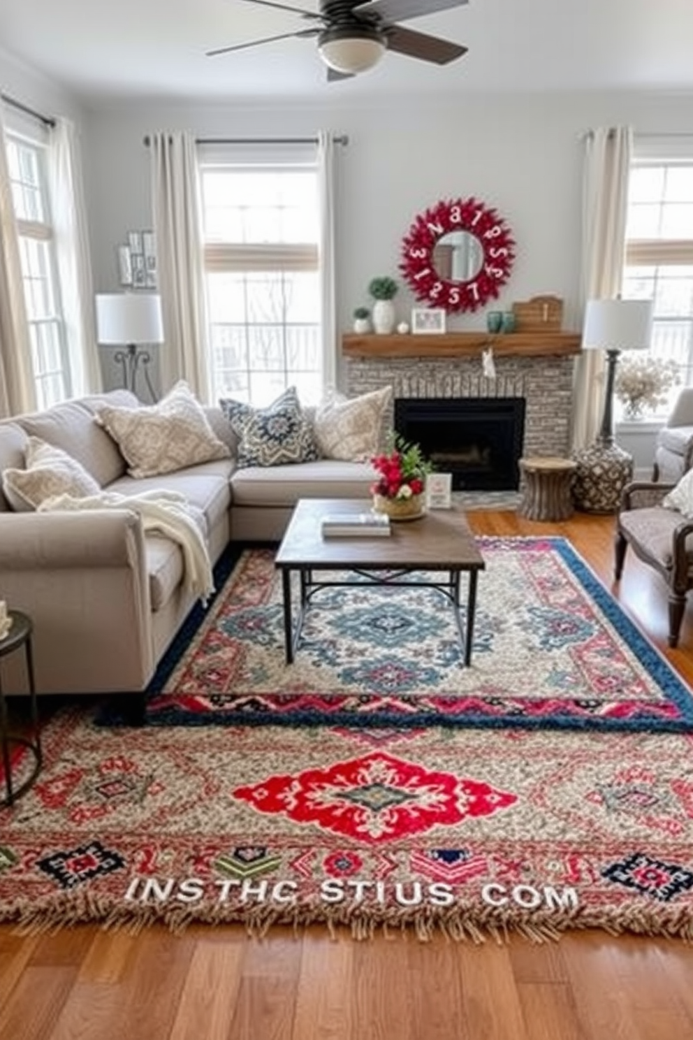 A cozy winter living room adorned with layered area rugs in various textures and patterns. The base rug is a soft neutral tone, while a vibrant patterned rug adds a pop of color, creating depth and visual interest.