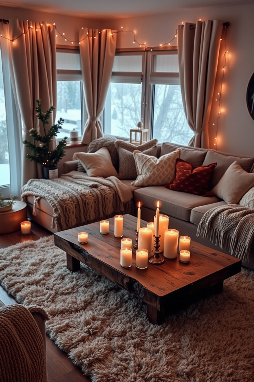 A cozy winter living room is adorned with soft textures and warm colors. A plush area rug lies beneath a comfortable sectional sofa, which is accented with an array of knitted throw blankets and decorative pillows. On a rustic coffee table, an arrangement of scented candles in varying heights creates a soothing ambiance. The windows are draped with thick curtains that block out the cold, while fairy lights twinkle softly in the background, adding a touch of warmth to the space.