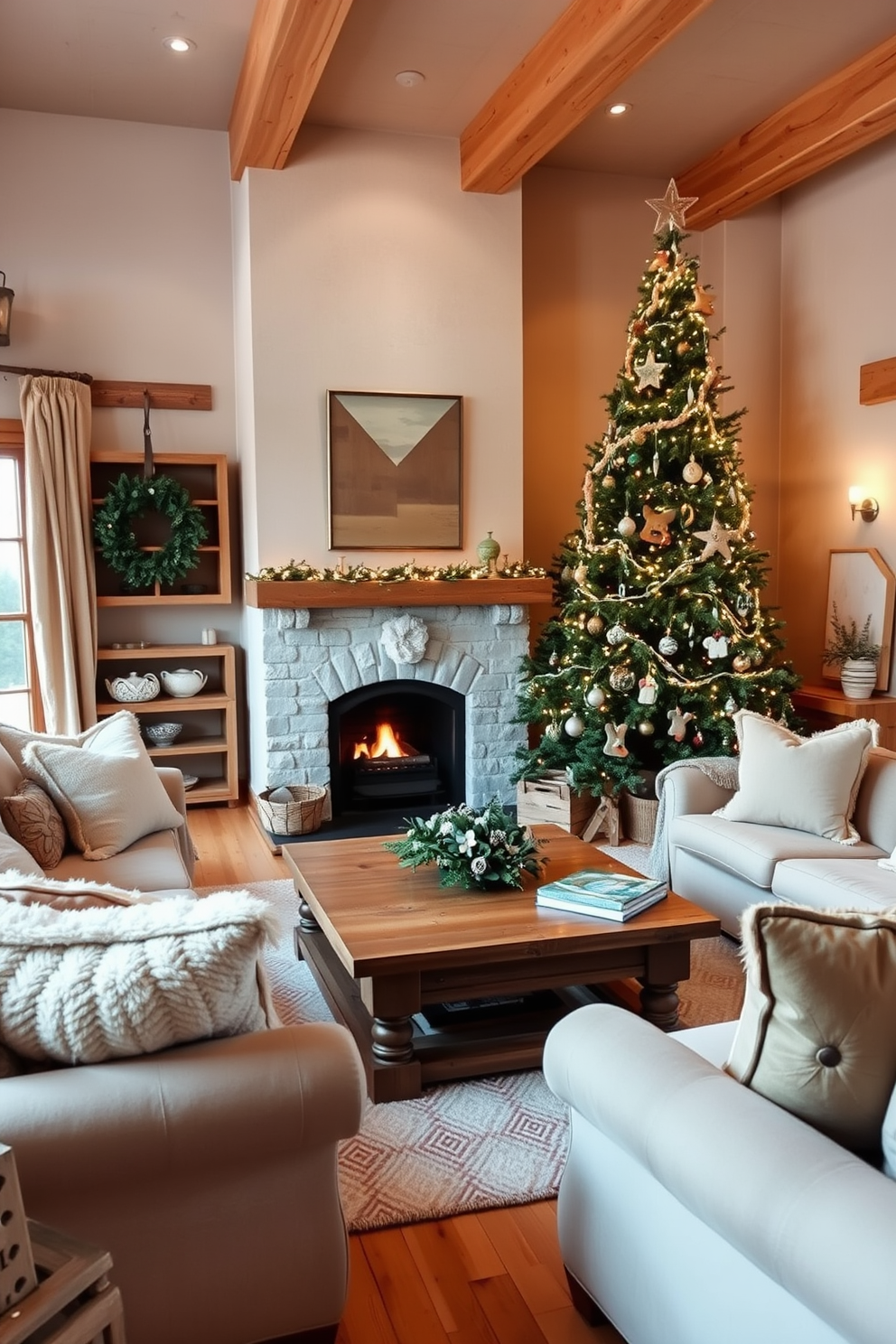 A cozy winter living room with natural wood accents that exude rustic charm. The space features a large wooden coffee table surrounded by plush, neutral-toned sofas and a warm, inviting fireplace. Soft, layered textiles in shades of cream and beige create a comfortable atmosphere. A beautifully decorated evergreen tree stands in the corner, complemented by twinkling fairy lights and handmade ornaments.