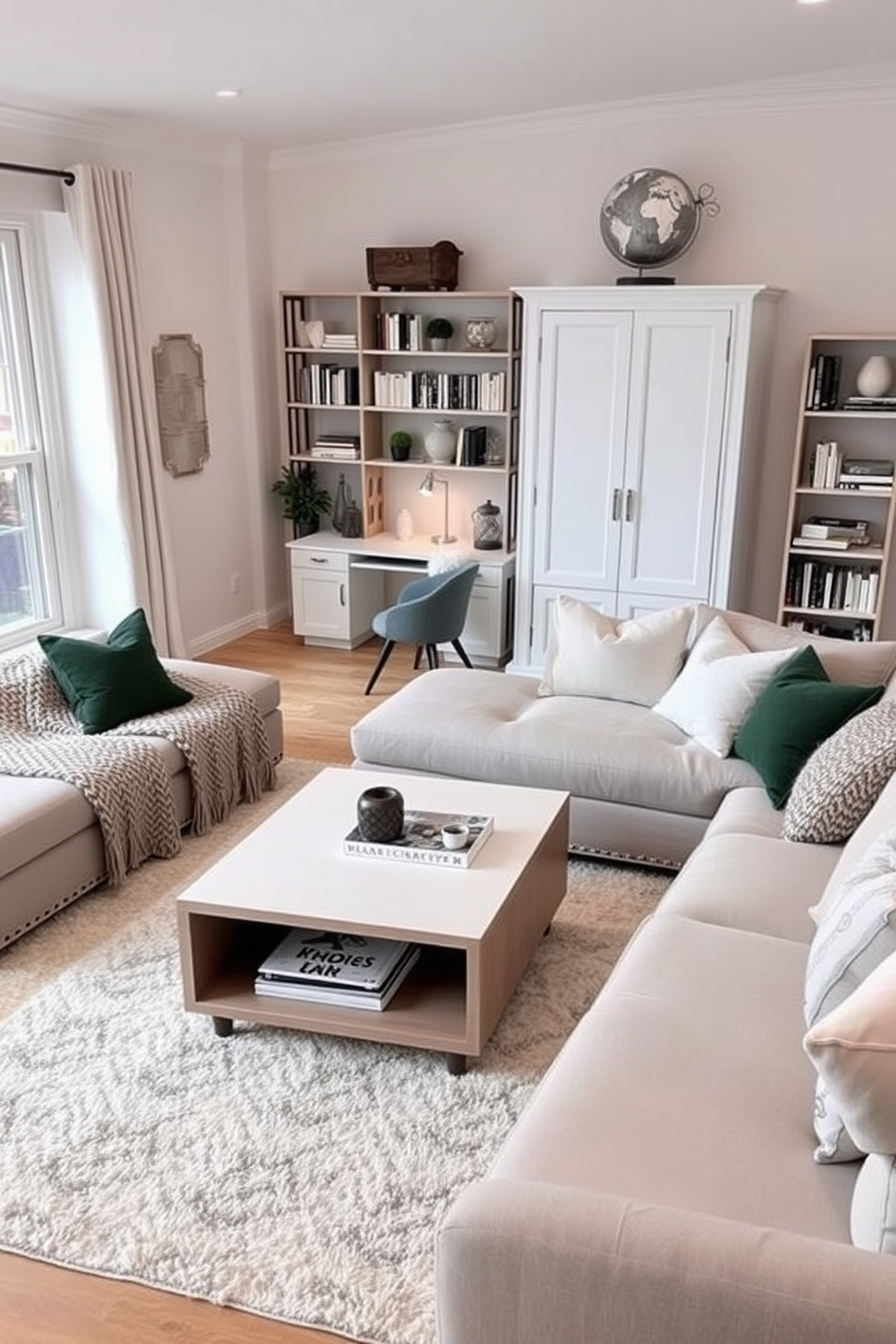 A cozy winter living room features a modular sectional sofa that can be rearranged to suit different layouts. A multi-functional coffee table with storage underneath sits in the center, surrounded by warm, layered textiles like a chunky knit throw and soft cushions. In one corner, a sleek, compact desk doubles as a workspace and decorative display, while a tall bookshelf showcases both books and decorative items. The color palette includes soft whites and warm grays, accented with pops of deep green for a seasonal touch.