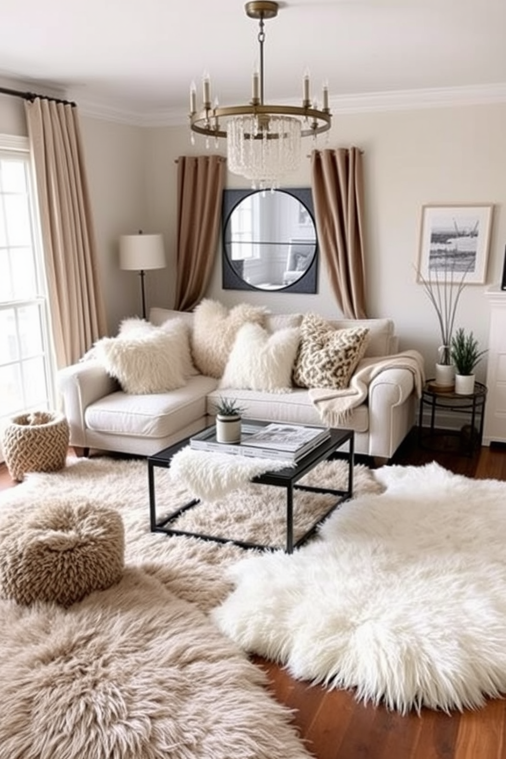 A cozy winter living room featuring soft faux fur rugs that add warmth and texture to the space. The room is adorned with a plush sofa in neutral tones, complemented by oversized throw pillows and a stylish coffee table.