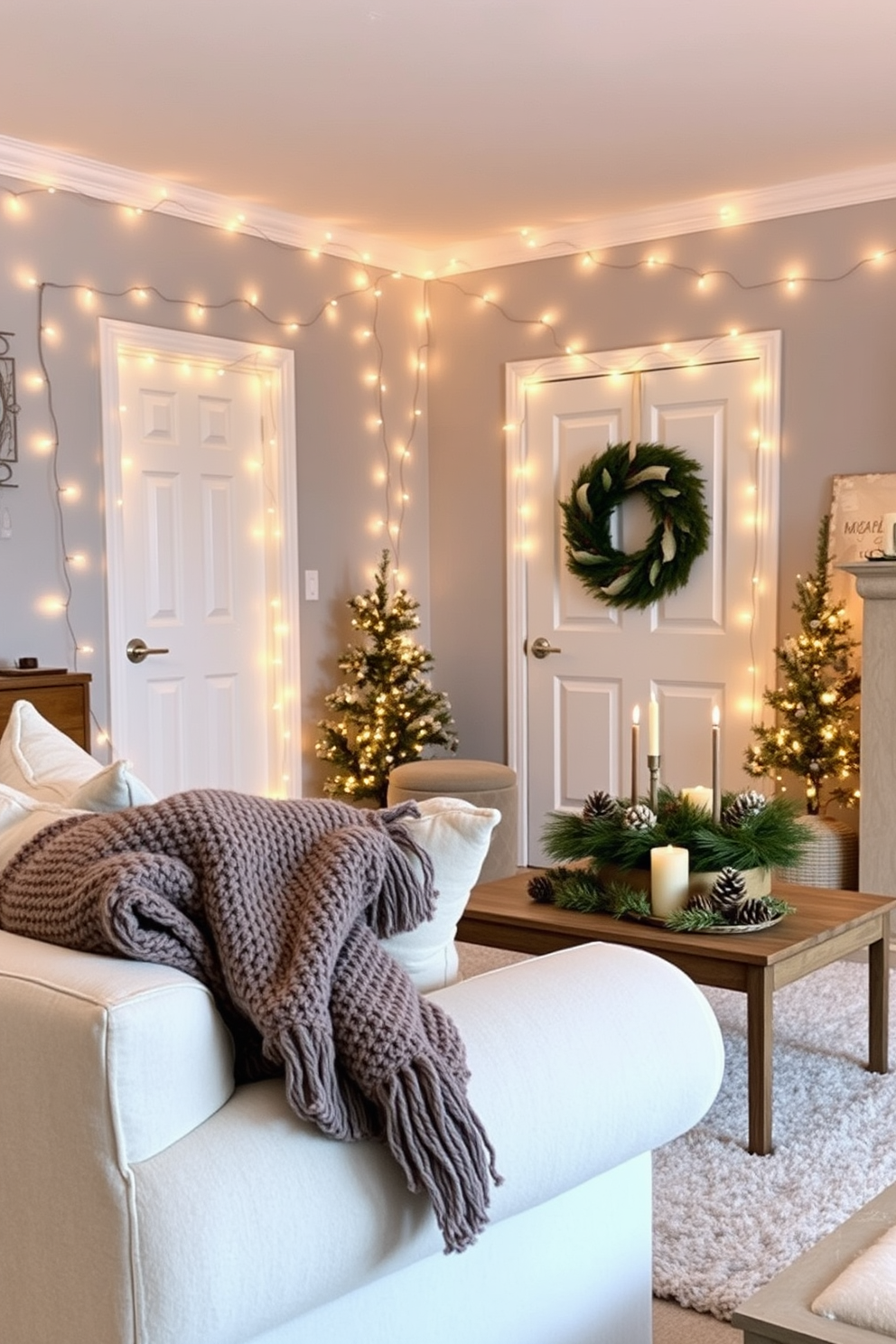 A cozy winter living room adorned with twinkling fairy lights creates a warm and inviting atmosphere. Soft, plush furniture in neutral tones is complemented by a rich, textured throw blanket draped over the armrest. A small coffee table is decorated with seasonal accents like pinecones and candles, while a festive wreath hangs on the door. The walls are painted in a soft gray, enhancing the glow of the fairy lights that twinkle softly against the backdrop.