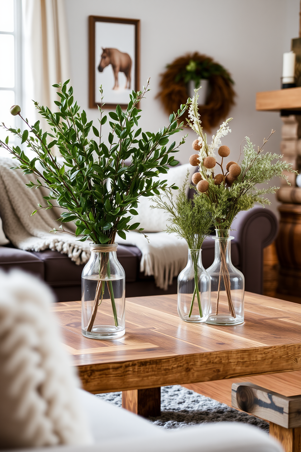 Seasonal greenery in decorative vases adorns a cozy winter living room. The space features a plush sofa with soft throws and a coffee table made of reclaimed wood, creating a warm and inviting atmosphere.