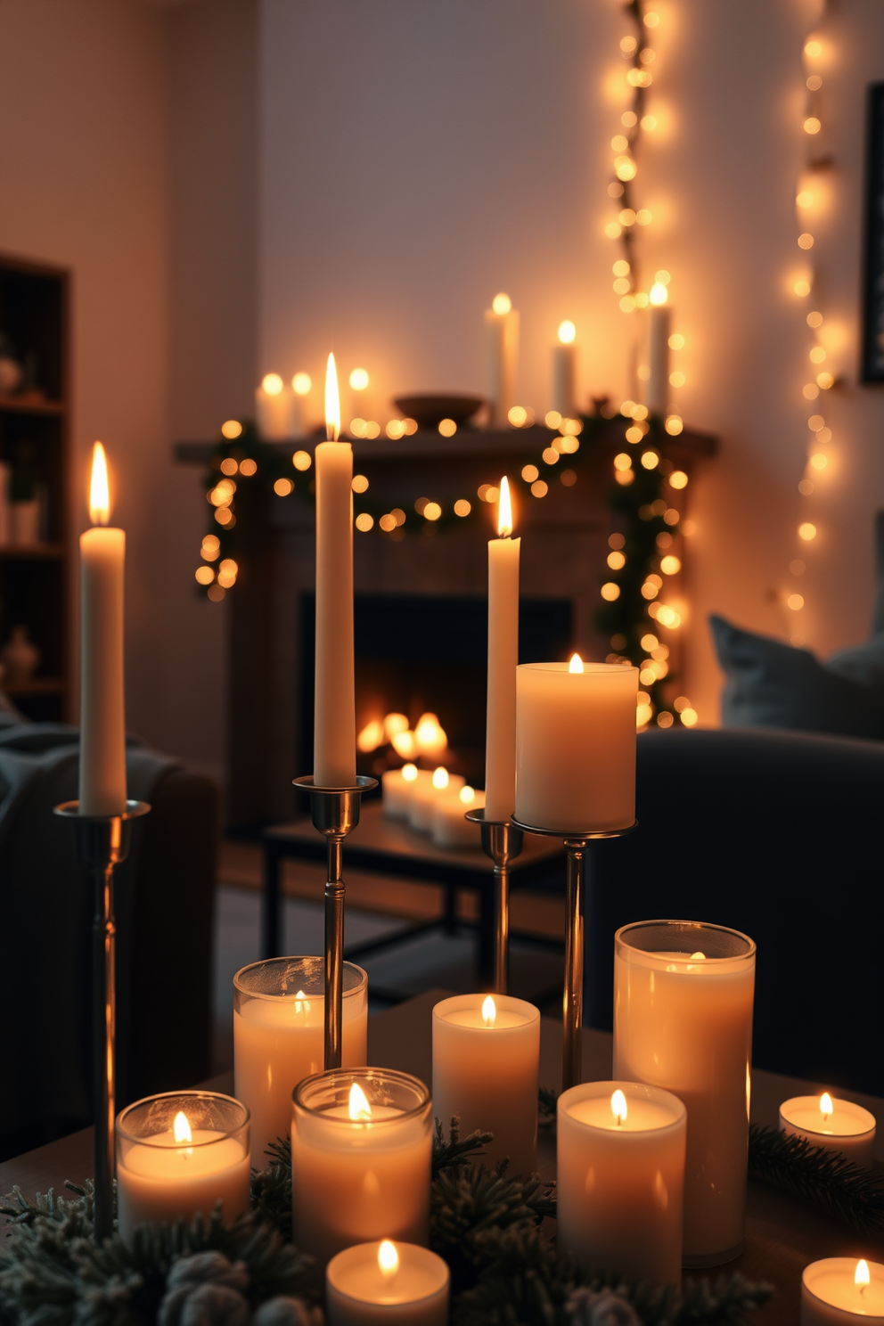 A cozy winter small living room is adorned with candles of varying heights that emit a warm and inviting glow. The flickering candlelight dances across the room, creating a serene atmosphere perfect for relaxation and gatherings.