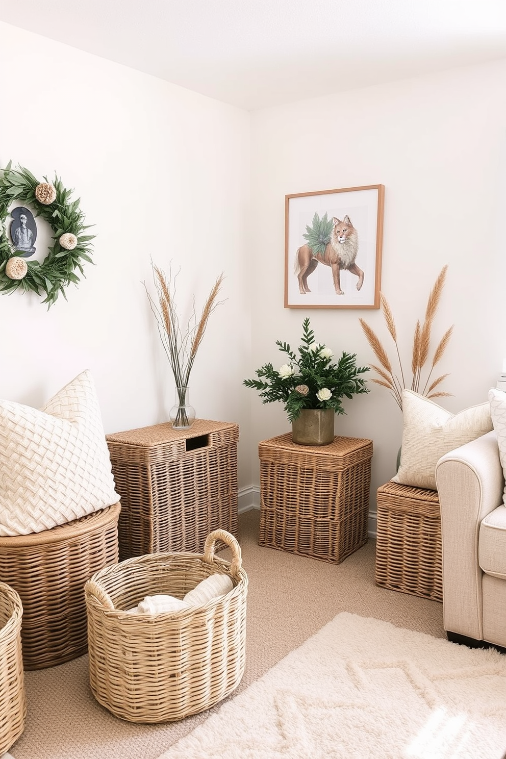 A cozy winter small living room features a soft neutral color palette with warm textures. Wicker baskets are strategically placed around the room, providing stylish storage solutions while adding a touch of natural charm.